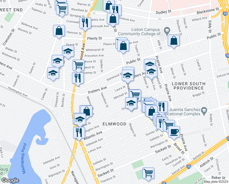 map of restaurants, bars, coffee shops, grocery stores, and more near 51 Niagara Street in Providence