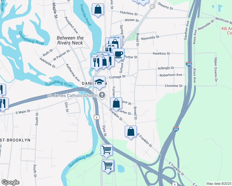 map of restaurants, bars, coffee shops, grocery stores, and more near 86 Furnace Street in Killingly