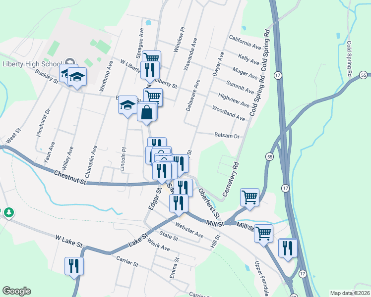 map of restaurants, bars, coffee shops, grocery stores, and more near 32 Grant Street in Liberty
