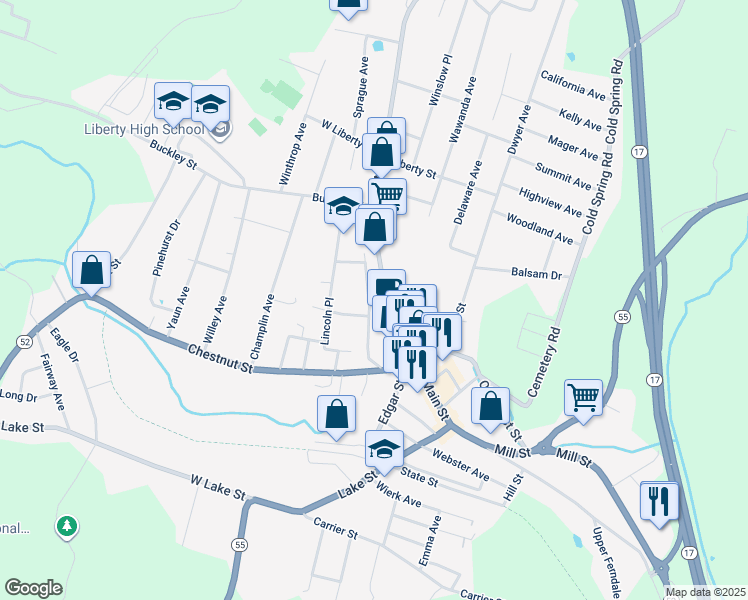 map of restaurants, bars, coffee shops, grocery stores, and more near 88 Academy Street in Liberty