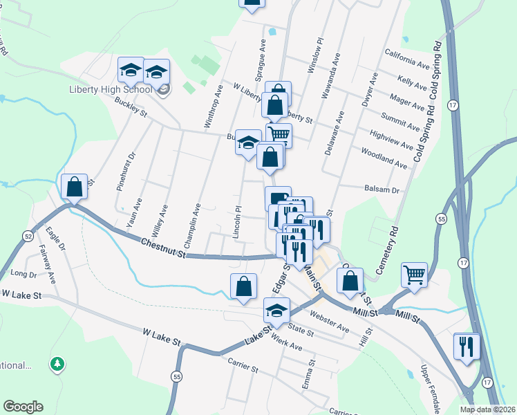 map of restaurants, bars, coffee shops, grocery stores, and more near 88 Academy Street in Liberty