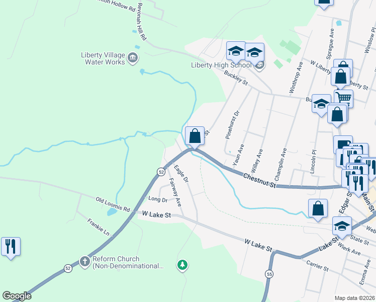 map of restaurants, bars, coffee shops, grocery stores, and more near 317 Chestnut Street in Liberty