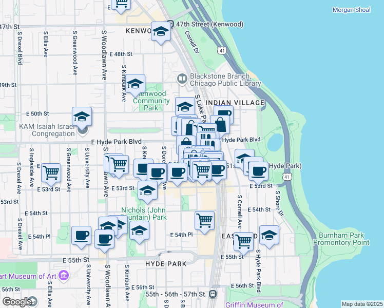 map of restaurants, bars, coffee shops, grocery stores, and more near 5110 South Harper Avenue in Chicago