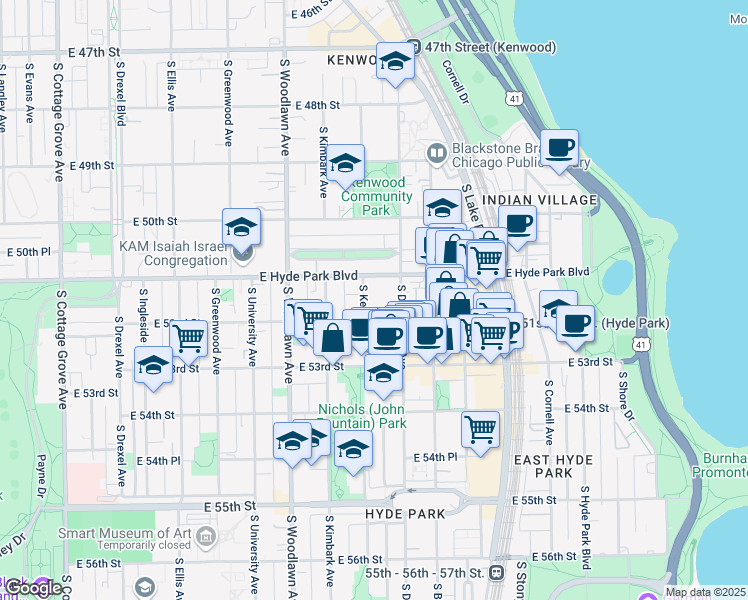 map of restaurants, bars, coffee shops, grocery stores, and more near 5112 South Dorchester Avenue in Chicago