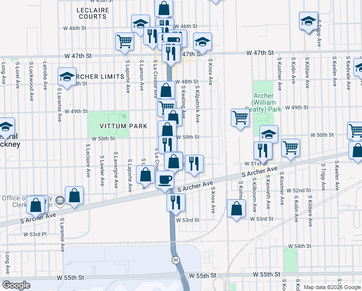 map of restaurants, bars, coffee shops, grocery stores, and more near 5017 South Cicero Avenue in Chicago