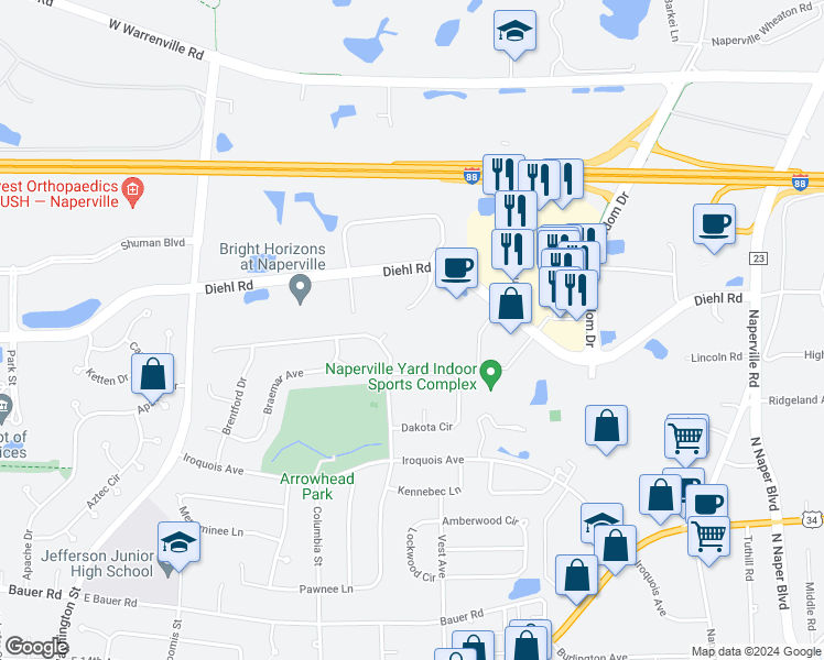 map of restaurants, bars, coffee shops, grocery stores, and more near 1609 Foxhorn Court in Naperville