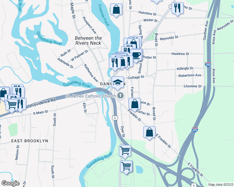 map of restaurants, bars, coffee shops, grocery stores, and more near 120 Water Street in Killingly