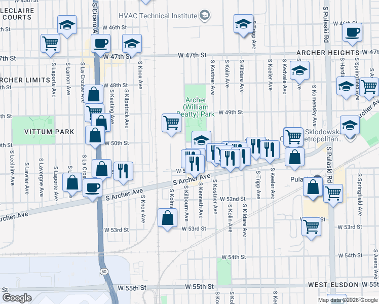 map of restaurants, bars, coffee shops, grocery stores, and more near 5004 South Kenneth Avenue in Chicago