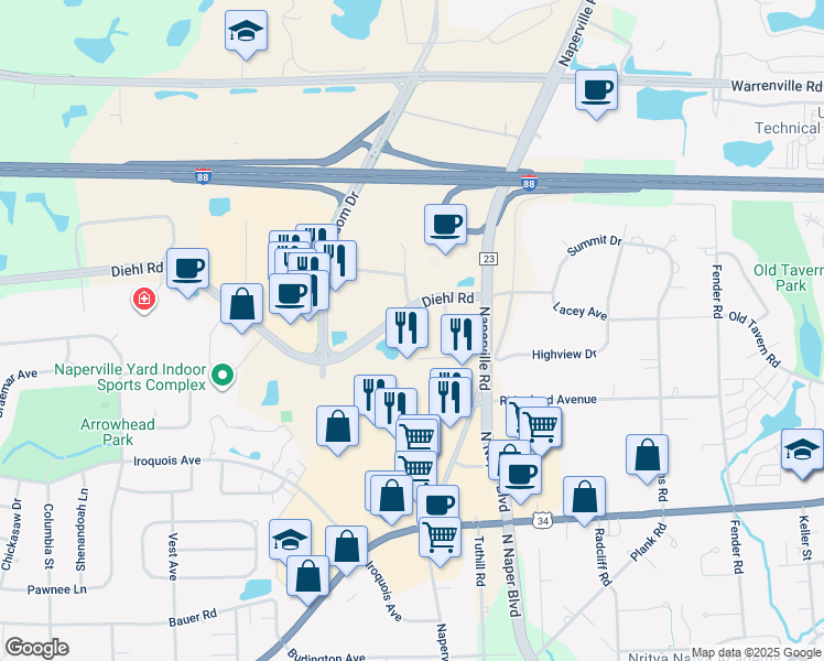 map of restaurants, bars, coffee shops, grocery stores, and more near 1250 East Diehl Road in Naperville