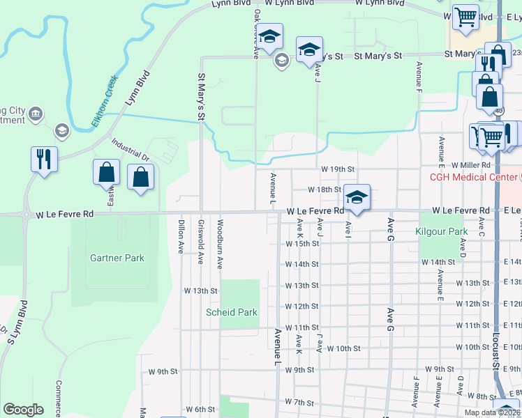 map of restaurants, bars, coffee shops, grocery stores, and more near 1706 Oak Grove Avenue in Sterling