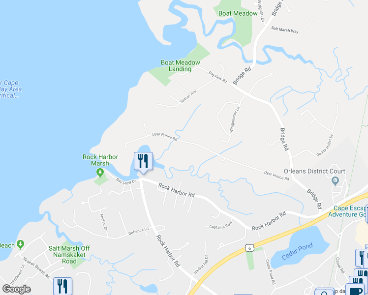 map of restaurants, bars, coffee shops, grocery stores, and more near 339 Dyer Prince Road in Eastham