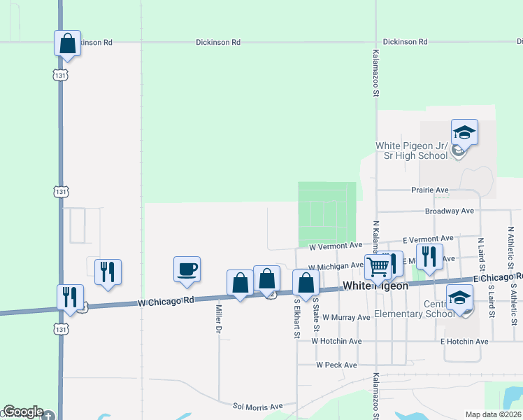 map of restaurants, bars, coffee shops, grocery stores, and more near 115 Mackenzie Street in White Pigeon