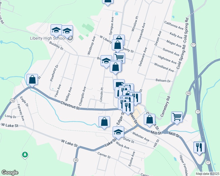 map of restaurants, bars, coffee shops, grocery stores, and more near 88 Academy Street in Liberty