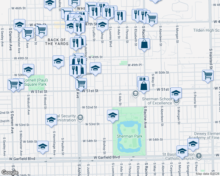 map of restaurants, bars, coffee shops, grocery stores, and more near 1404 West 51st Street in Chicago