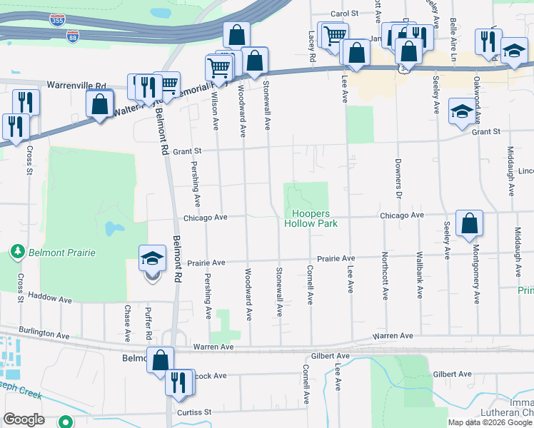 map of restaurants, bars, coffee shops, grocery stores, and more near 4636 Stonewall Avenue in Downers Grove