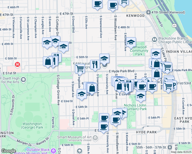 map of restaurants, bars, coffee shops, grocery stores, and more near 5118-5120 South Greenwood Avenue in Chicago