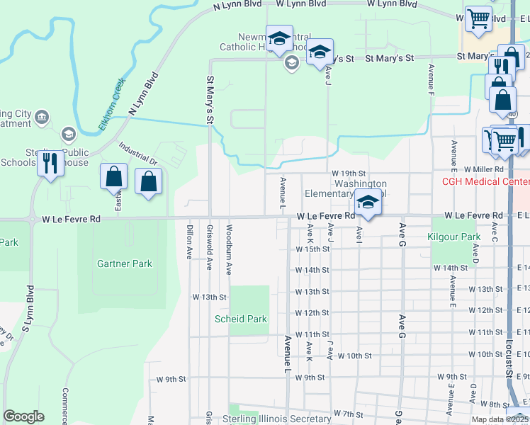 map of restaurants, bars, coffee shops, grocery stores, and more near 1706 Oak Grove Avenue in Sterling
