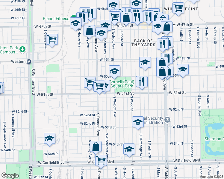 map of restaurants, bars, coffee shops, grocery stores, and more near 5060 South Wolcott Avenue in Chicago
