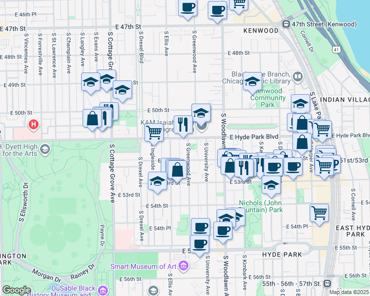 map of restaurants, bars, coffee shops, grocery stores, and more near 5118-5120 South Greenwood Avenue in Chicago