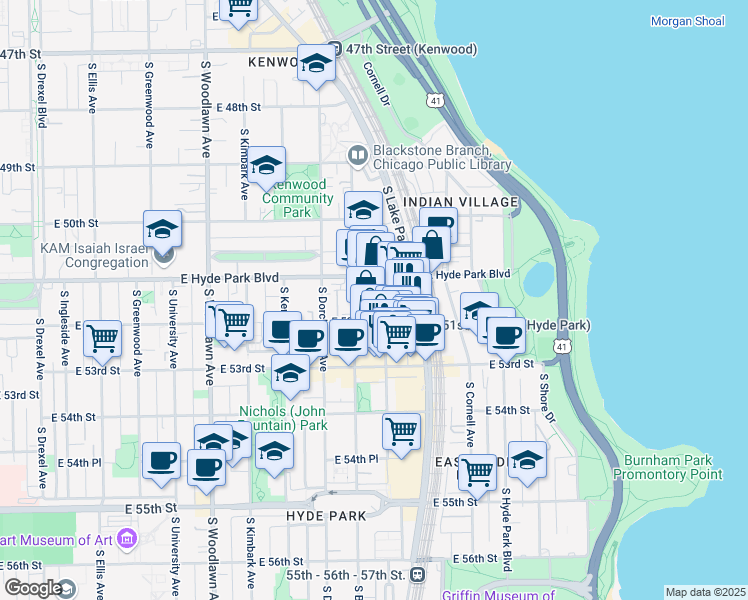 map of restaurants, bars, coffee shops, grocery stores, and more near 5110 South Harper Avenue in Chicago