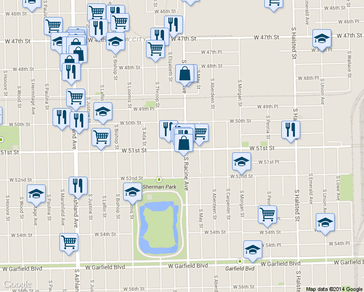 map of restaurants, bars, coffee shops, grocery stores, and more near 1206 West 51st Street in Chicago