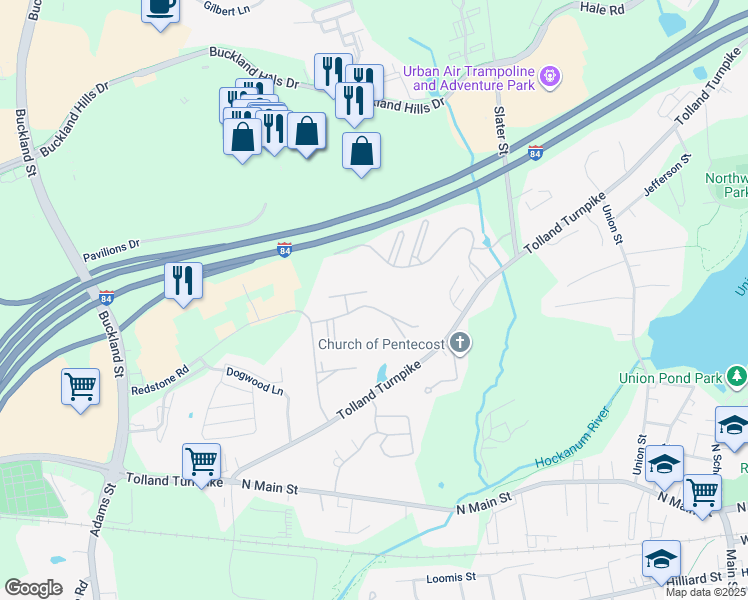 map of restaurants, bars, coffee shops, grocery stores, and more near 1100 Brookside Court in Manchester
