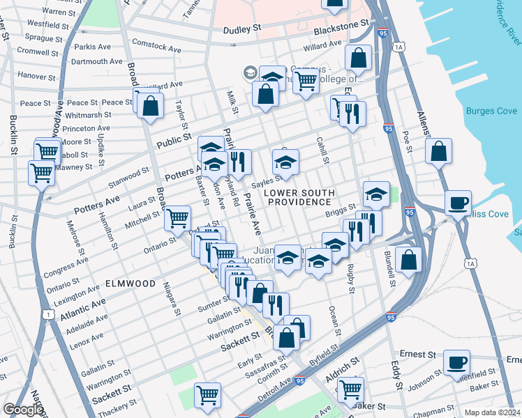 map of restaurants, bars, coffee shops, grocery stores, and more near 211 Oxford Street in Providence