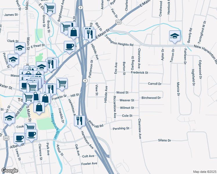 map of restaurants, bars, coffee shops, grocery stores, and more near 250 Hillside Avenue in Torrington