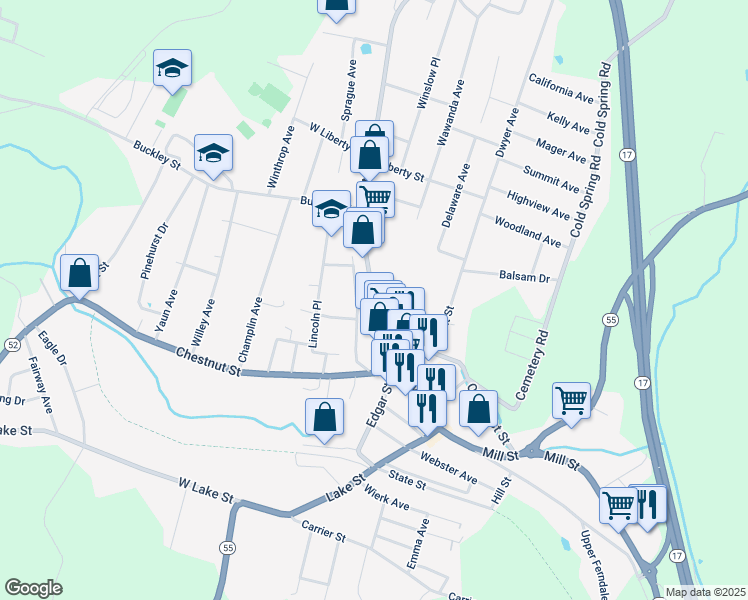 map of restaurants, bars, coffee shops, grocery stores, and more near 151 North Main Street in Liberty