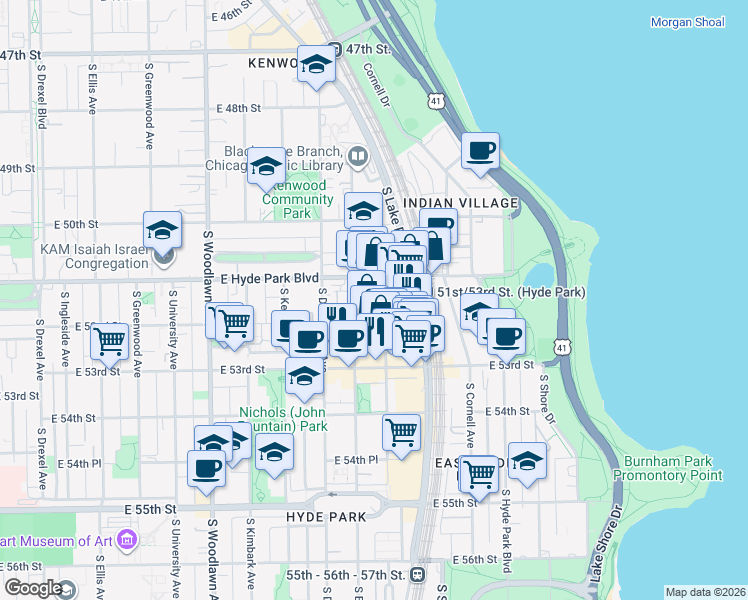 map of restaurants, bars, coffee shops, grocery stores, and more near 5110 South Harper Avenue in Chicago