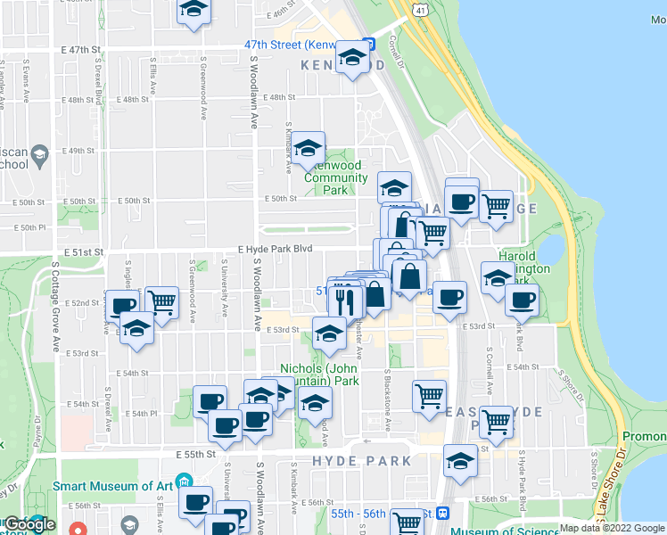 map of restaurants, bars, coffee shops, grocery stores, and more near 5112 South Dorchester Avenue in Chicago
