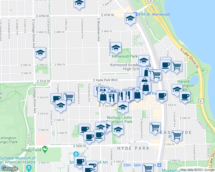 map of restaurants, bars, coffee shops, grocery stores, and more near 1227 East Hyde Park Boulevard in Chicago
