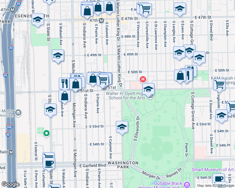 map of restaurants, bars, coffee shops, grocery stores, and more near 5100 South Evans Avenue in Chicago