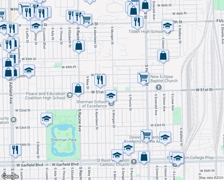 map of restaurants, bars, coffee shops, grocery stores, and more near 5043 South Carpenter Street in Chicago