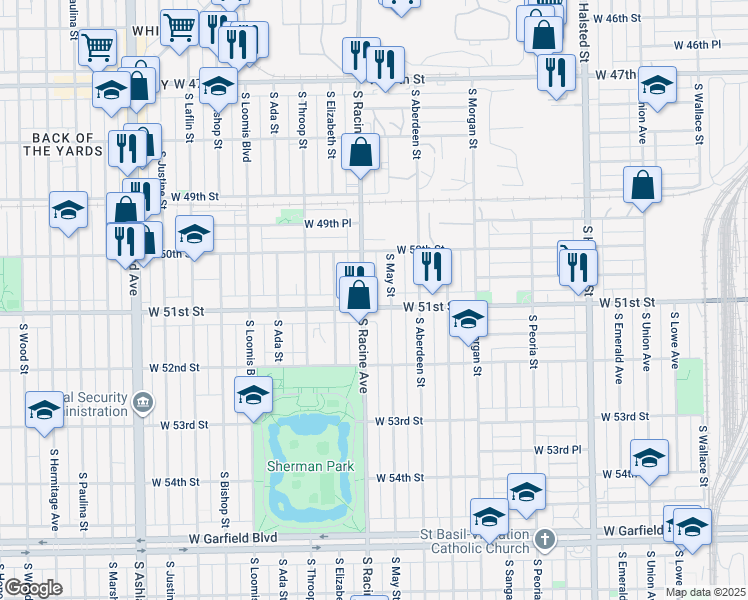 map of restaurants, bars, coffee shops, grocery stores, and more near 5044 South May Street in Chicago