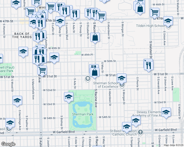 map of restaurants, bars, coffee shops, grocery stores, and more near 1212 West 51st Street in Chicago