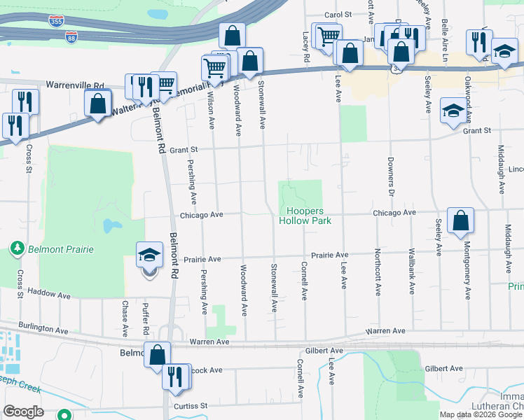 map of restaurants, bars, coffee shops, grocery stores, and more near 4636 Stonewall Avenue in Downers Grove