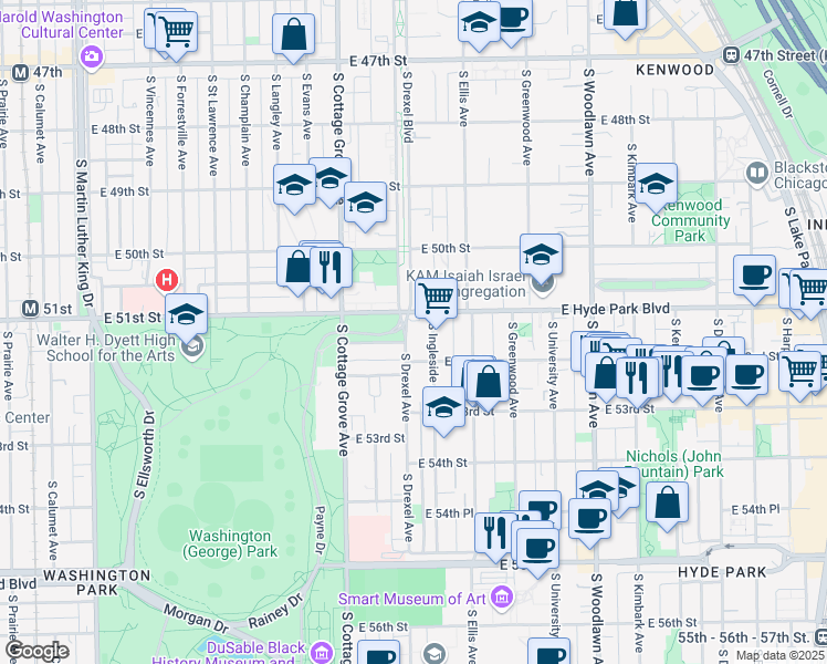 map of restaurants, bars, coffee shops, grocery stores, and more near 919 East Hyde Park Boulevard in Chicago