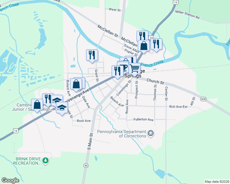 map of restaurants, bars, coffee shops, grocery stores, and more near 325 South Main Street in Cambridge Springs