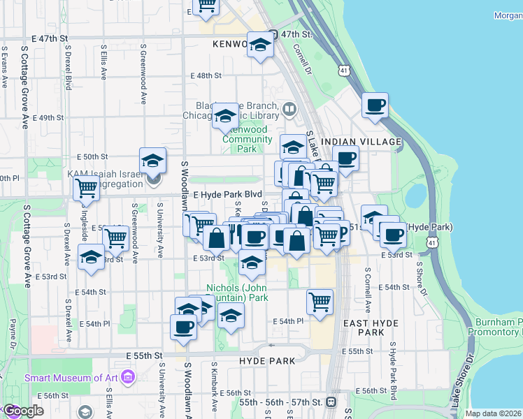 map of restaurants, bars, coffee shops, grocery stores, and more near 5118 South Dorchester Avenue in Chicago