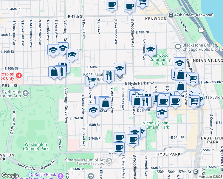 map of restaurants, bars, coffee shops, grocery stores, and more near 5142 South Greenwood Avenue in Chicago