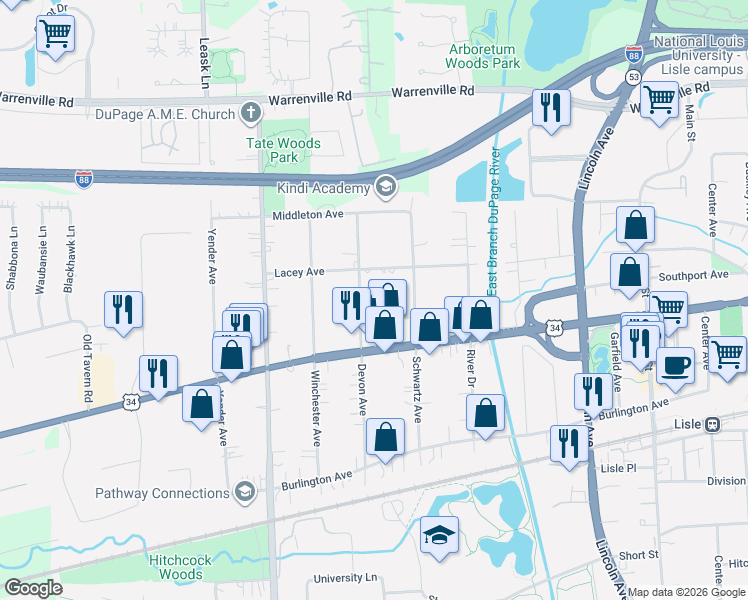 map of restaurants, bars, coffee shops, grocery stores, and more near 4613 Devon Avenue in Lisle