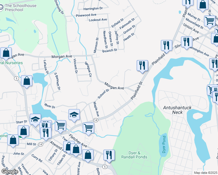 map of restaurants, bars, coffee shops, grocery stores, and more near 74 Morgan Avenue in Johnston