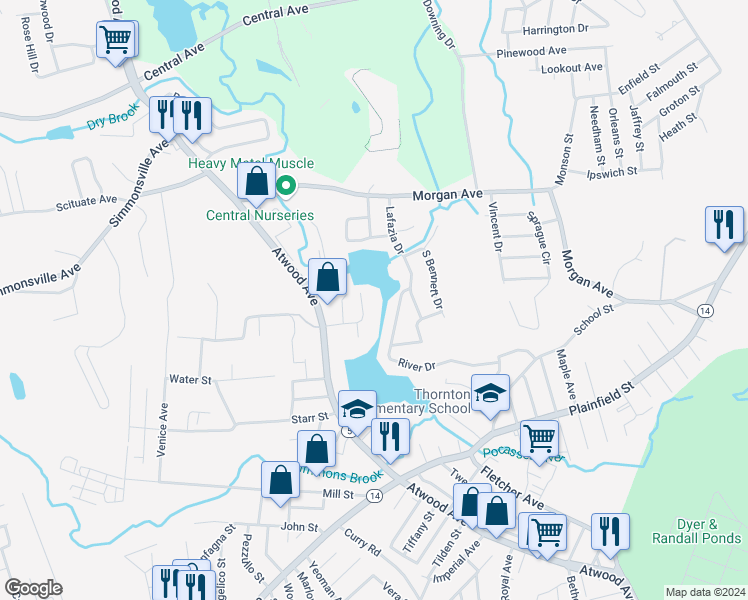 map of restaurants, bars, coffee shops, grocery stores, and more near 20 Park Street in Johnston