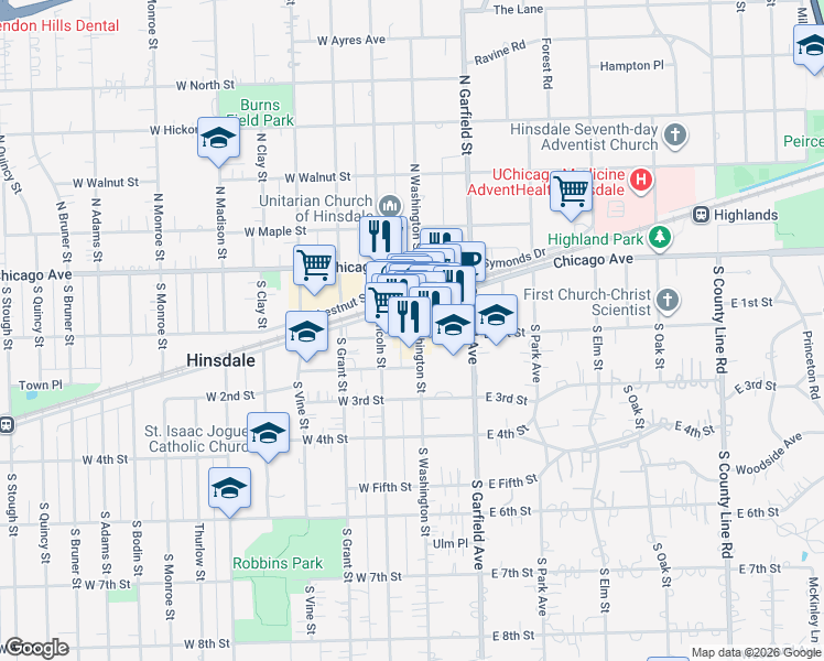 map of restaurants, bars, coffee shops, grocery stores, and more near 52 South Washington Street in Hinsdale