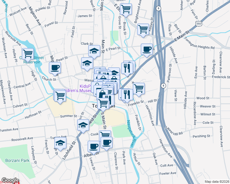 map of restaurants, bars, coffee shops, grocery stores, and more near 109 East Main Street in Torrington