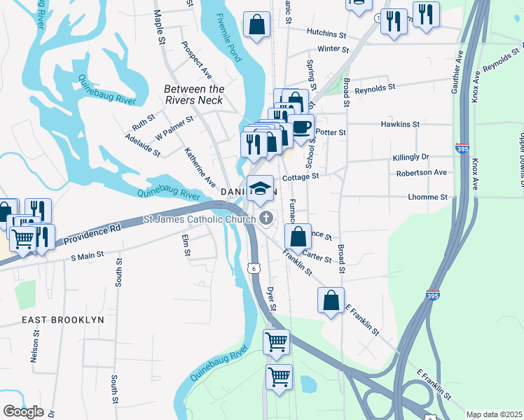 map of restaurants, bars, coffee shops, grocery stores, and more near 120 Water Street in Killingly