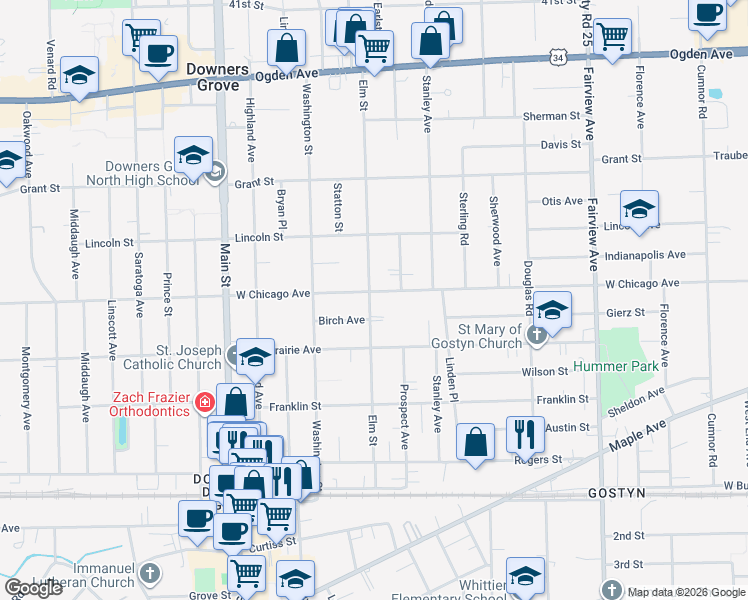 map of restaurants, bars, coffee shops, grocery stores, and more near 4705 Elm Street in Downers Grove