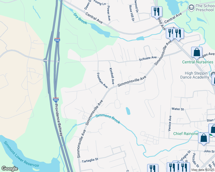 map of restaurants, bars, coffee shops, grocery stores, and more near 246 Fountain Avenue in Johnston