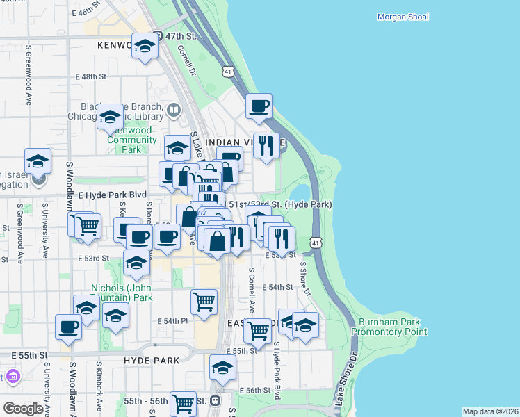 map of restaurants, bars, coffee shops, grocery stores, and more near 5140 South Hyde Park Boulevard in Chicago